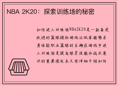 NBA 2K20：探索训练场的秘密